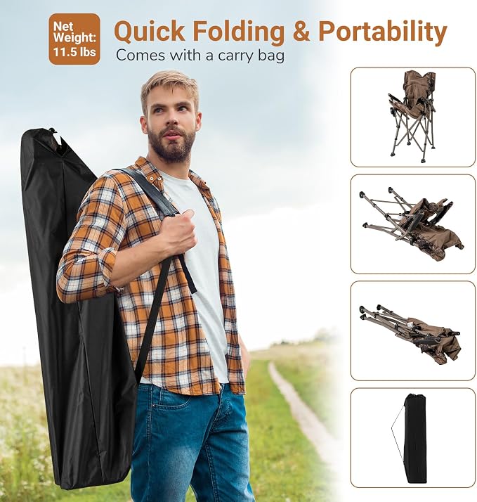 Goplus Folding Camping Chair, 400 LBS Support Lawn Chair w/Armrests with Covers, Cup Holder & Storage Pocket, Adjustable Feet, Portable Camp Chair with Carrying Bag, for Fishing Hunting Picnic