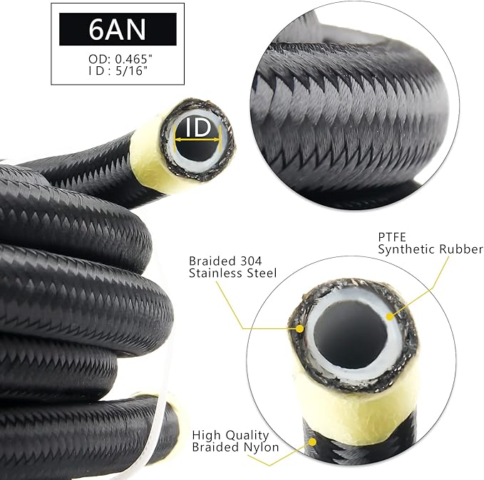 6AN PTFE Fuel Line Kit, Nylon Stainless Steel Braided Fuel Hose, LS Swap EFI E85 Injection Fuel PTFE Fitting 3/8" 26FT