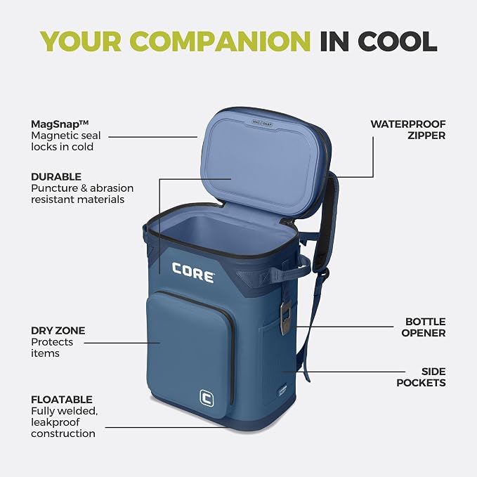 CORE Magnetic Leak Proof Soft Cooler with Waterproof Zipper | Insulated Bag Portable Ice Chest Box | Best Soft Cooler for Food & Beverages for Tailgating, Car Camping, Travel, and Family Beach Picnics