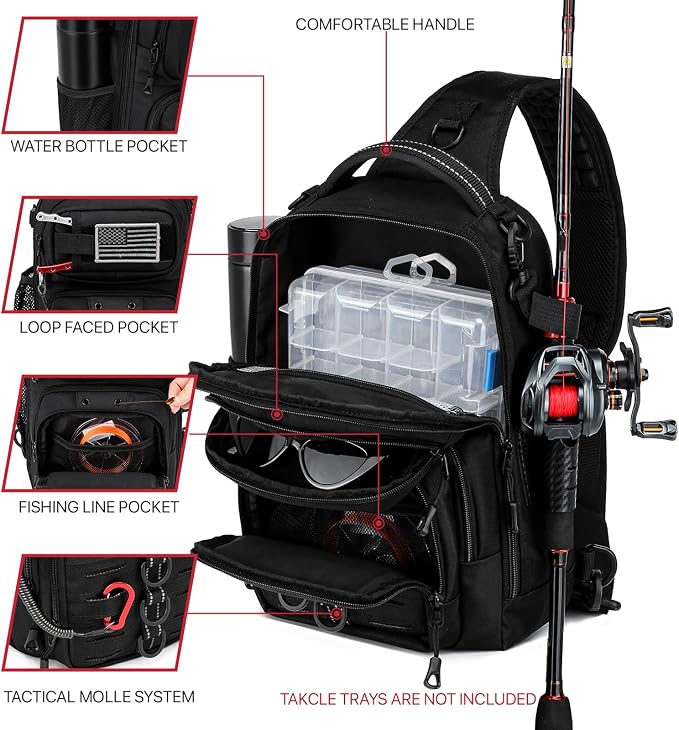 Fishing Sling Bag with Tackle Box, MOLLE System Fishing Backpack with Fishing Lures Kit, Fish Hook Remover Tool, Fish Lip Gripper, Fishing Plier & Accessories, Fishing Gear Gift for Men Black