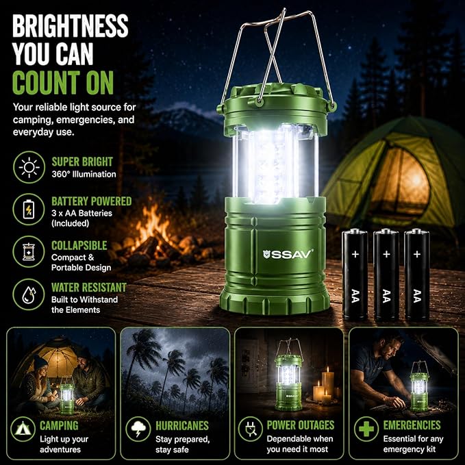 SSAV LED Camping Lantern, Emergency Lanterns for Power Outages & Hurricane Preparedness, Collapsible Portable Survival Lights for Camping, Storms & Emergencies, Batteries Included (2, Green)