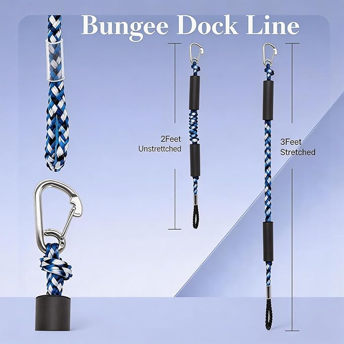 2 PK Blue Bungee Dock Lines for Boats 2FT with 316 Stainless Clip Boat Accessories Marine Grade Boat Rope Boating Accessories Boat Dock Lines Jet Ski or PWC Mooring Boat Lines & Dock Ties
