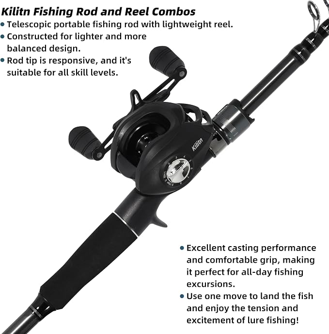 Kilitn Fishing Rod and Reel Combo, M Power Tips, Baitcasting Combo Baitcast Reel, Graphite Telescopic Baitcaster Rod with Comfortable EVA Handle