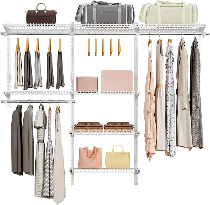 Wire Closet Organizer System, Wall Mounted 6.5 Ft. Custom Closet Kit for Bedrooms, Adjustable Storage Shelves for Clothes, Shoes, and Handbags