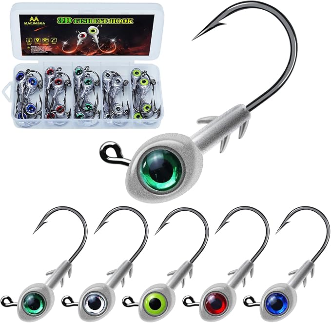 3D Fish Eye Jig Heads, 5 Colors with Lifelike Eyes, Multi Weights, Barbed Fishing Hooks for Walleye Bass Crappie