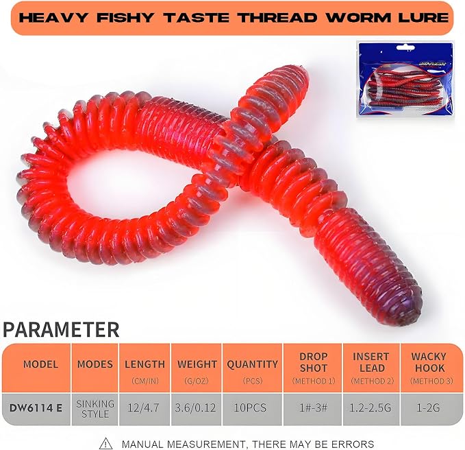 10Pcs/4.7'' Worms for Bait Bass Fishing, Soft Lures Plastic Noodle Wacky Worm Earthworm Silicone Threaded Bait for Ned rig, Fishing Lure Kit for Freshwater Saltwater