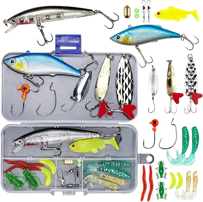 GOANDO Fishing Lures Kit for Freshwater Bait Tackle Kit for Bass Trout Salmon Fishing Accessories Tackle Box Including Spoon Lures Soft Plastic Worms Fishing Gifts