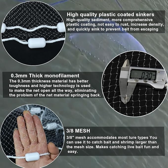 Drasry Saltwater Fishing Cast Net 3/8 and 1/4 Mesh with Heavy Duty Gray Sinker American Monofilament Fish Throw Net for Bait Trap 3FT 4FT 5FT 6FT 7FT 8FT 9FT Radius
