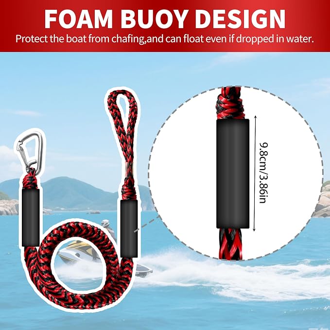 Bungee Dock Line with Stainless Steel Clip – Boat Dock Rope with Foam Float for Kayak, Canoe, Pontoon, Watercraft, SeaDoo, Docking – 4–5.5 ft, 2 Pack（Red&Black）