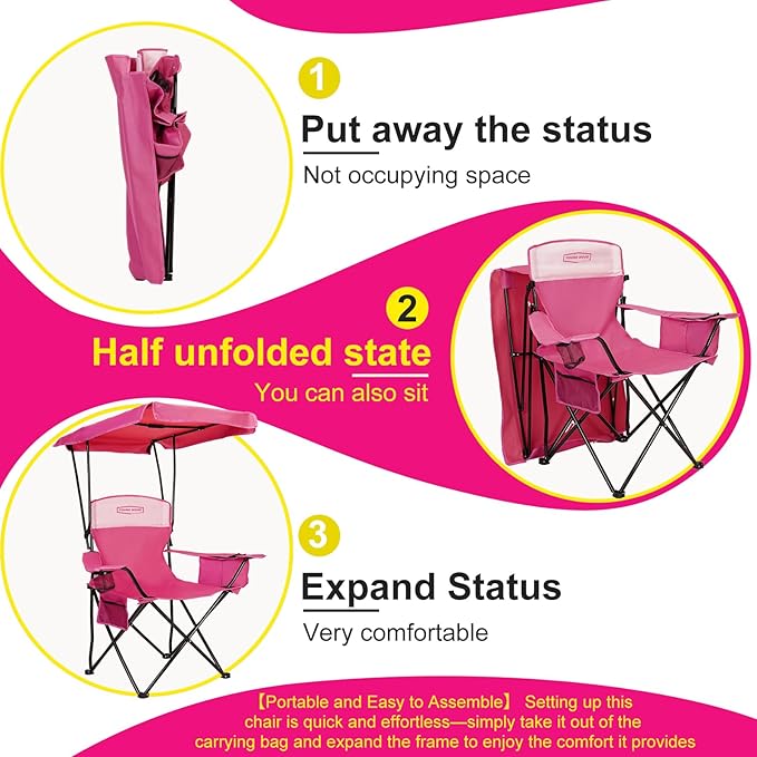 YoungWood Camping Chair with Canopy, Beach Chair with Shade,Portable,Lightweight Oversized for All, Easy to Open and Close Without Installation, Side Pocket,cooling bag Design for All Activities,Pink