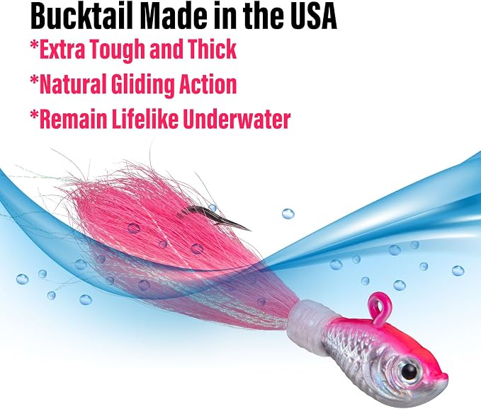 Dr.Fish 3 Pack Bucktail Jig Lure Hair Jig Saltwater Freshwater Lures Surf Fishing Bass Flounder Striper Bluefish Halibut Redfish