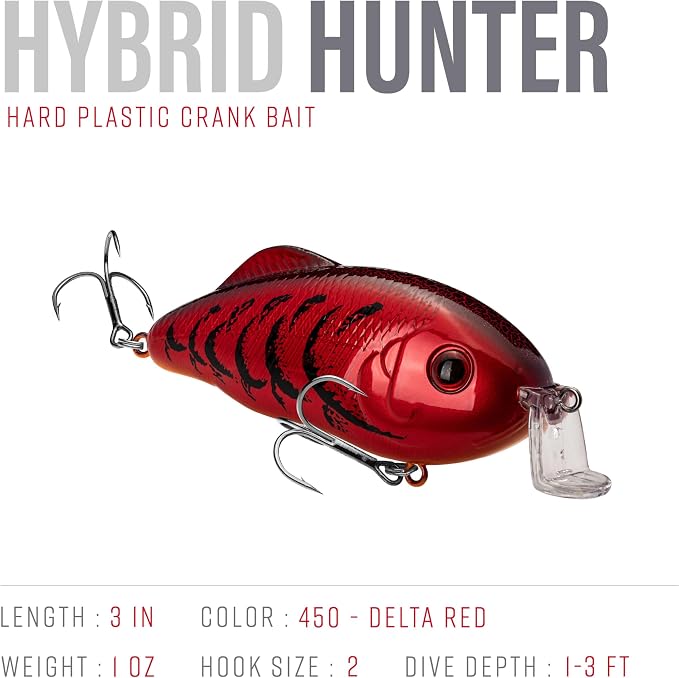 Strike King Hybrid Hunter Shallow Jr. Fishing Lure, Shallow Diving Crankbait, 90-Degree Bill, 3D Eyes, Loud Rattle, Dives 1 to 3-Feet,Size 4 & 6 Treble Hooks