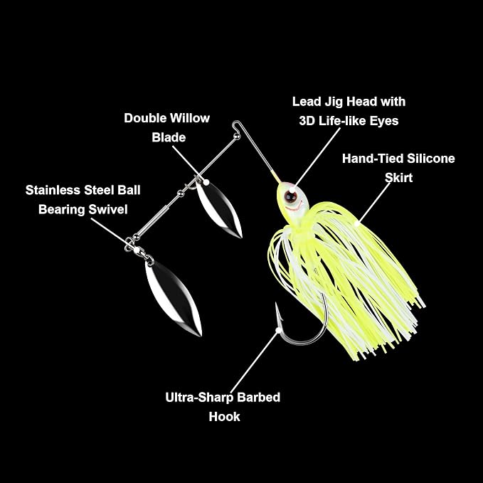 5 Pcs Bass Spinner Baits, Fishing Lures with Skirt, Metal Blade Spinnerbait for Trout, Salmon, Pike, and Predatory Fish