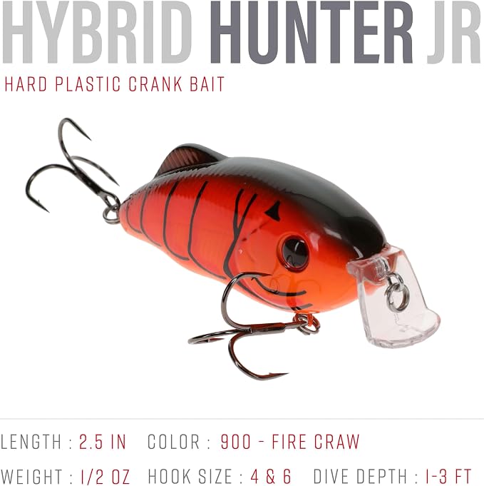 Strike King Hybrid Hunter Shallow Jr. Fishing Lure, Shallow Diving Crankbait, 90-Degree Bill, 3D Eyes, Loud Rattle, Dives 1 to 3-Feet,Size 4 & 6 Treble Hooks