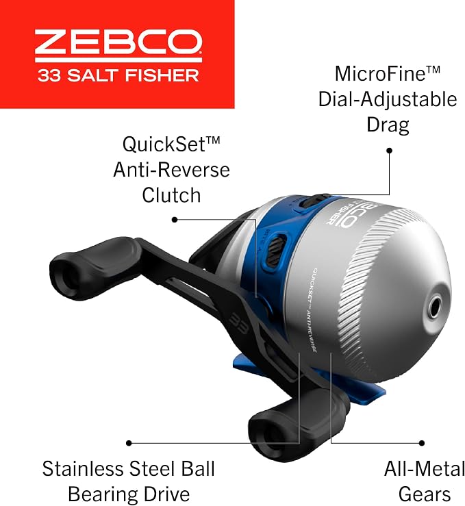 Zebco Salt Fisher 33 Spincast Reel and Fishing Rod Combo, 6-Foot 6-Inch 2-Piece Medium-Heavy Power, Moderate-Fast Action Fiberglass Rod, Interchangeable Retrieve, 12-Pound Line, Blue/Silver