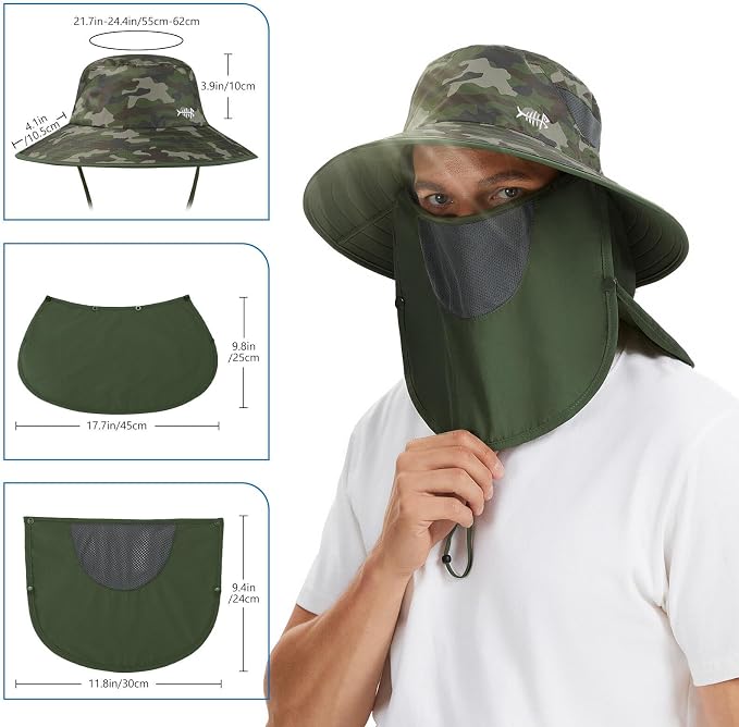 BASSDASH UPF 50+ Breathable Sun Hat with Removable Face Cover and Neck Flap Wide Brim Bucket Hat for Fishing Hiking Men Women