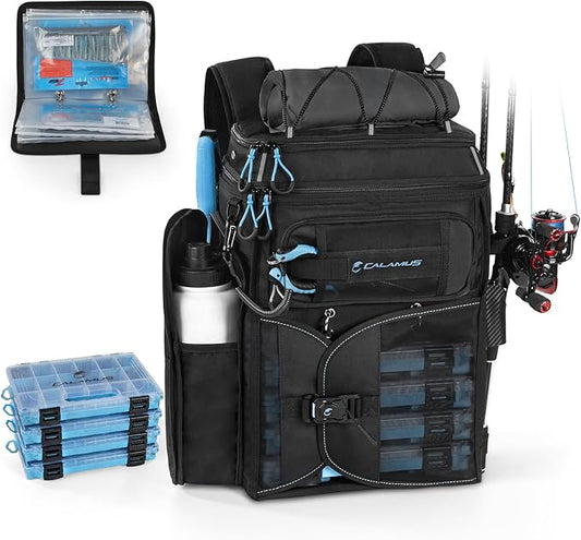 Calamus GearMaster Tackle Backpack with Bait Binder, Large Lightweight Water-Resistant Fishing Bag, Rod Holders, Food Storage