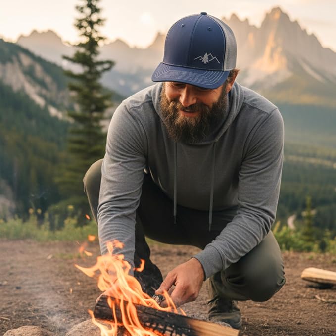 LINDO Trucker Hat [ Great Outdoors Design ] for Men and Women: Mid Profile Cap with Breathable Mesh Back and Adjustable Snap