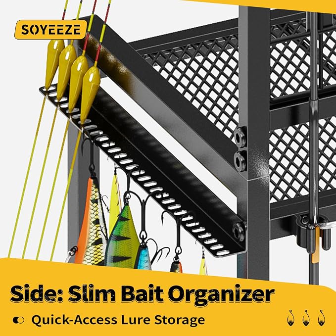 SOYEEZE Large Size Fishing Rod Holders for Garage, Heavy Duty 3-Tier Fishing Pole Rack with Pegboard and Hooks, Fishing Gear Organizer Up to 12 Rods, Rolling Fishing Storage Cart with Lockable Wheels