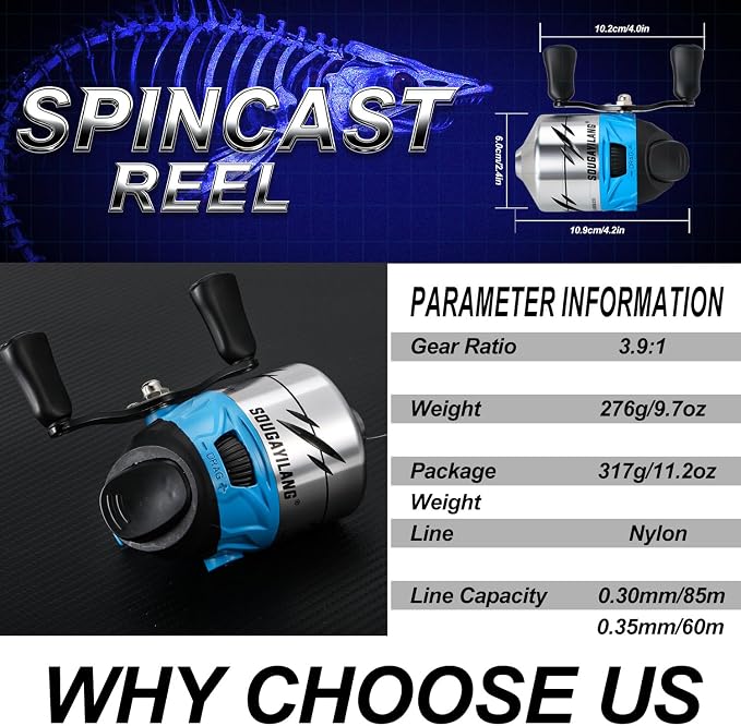 Sougayilang Spincast Fishing Reel,High Speed 3.9:1 Gear Ratio,Trouble-Free Push-Button Bait Casting Design and Reversible Handle for Left/Right Retrieve,Pre-Spooled with Monofilament Line