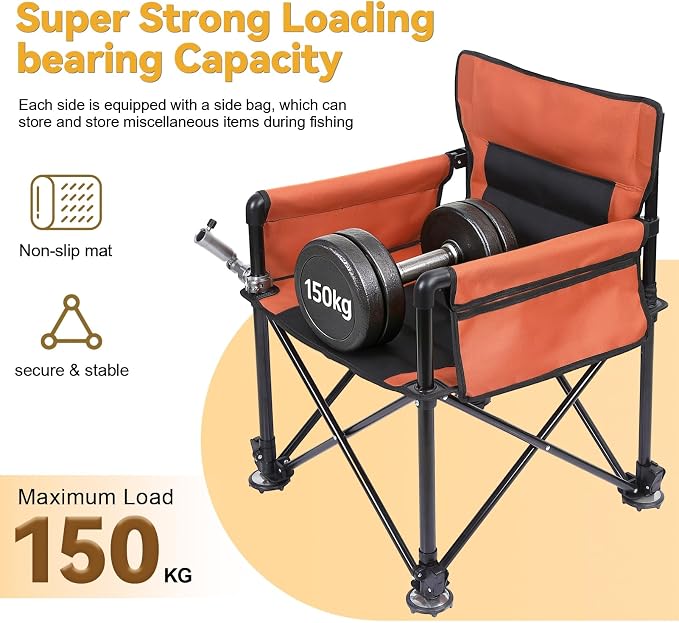 Folding Portable Fishing Chair, 220lbs Capacity Outdoor Chair with Adjustable All-Terrain Legs, Non-Slip Feet, Dual Rod Holders & Storage Bag Orange