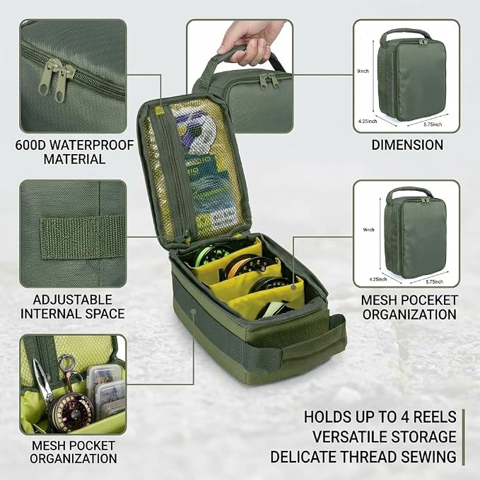 Fishing Tackle Bag Waterproof Fishing Bags Portable Fishing Reel & Gear Bag with 3 Adjustable Dividers for Spinning Baitcasting Fly Reels (Army Green)