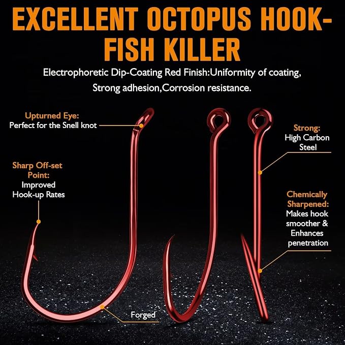 Dovesun Octopus Hooks Fishing Hooks 50-100PCS Black Red Octopus Hooks for Saltwater Freshwater #10-8/0