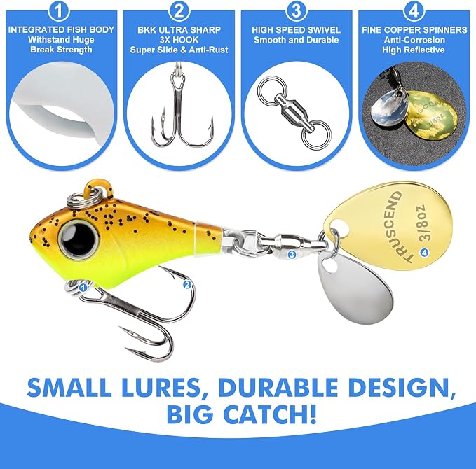 TRUSCEND Vibespinner Easy Catch Fishing Lures with BKK Hooks, Tail Spinner Baits with 4 Actions, Vibrating Swimming Flashing & Jigging for More Bites, Spoon Lures for Bass Trout Crappie Walleye Pike