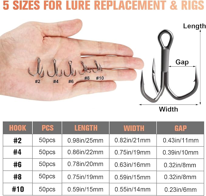 Dovesun Fishing Treble Hooks, Triple Hooks 3X Strong Professional V, 50PCS High Carbon Steel Replacement Fishing Hooks for Saltwater and Freshwater, Sizes #10#8#6#4#2
