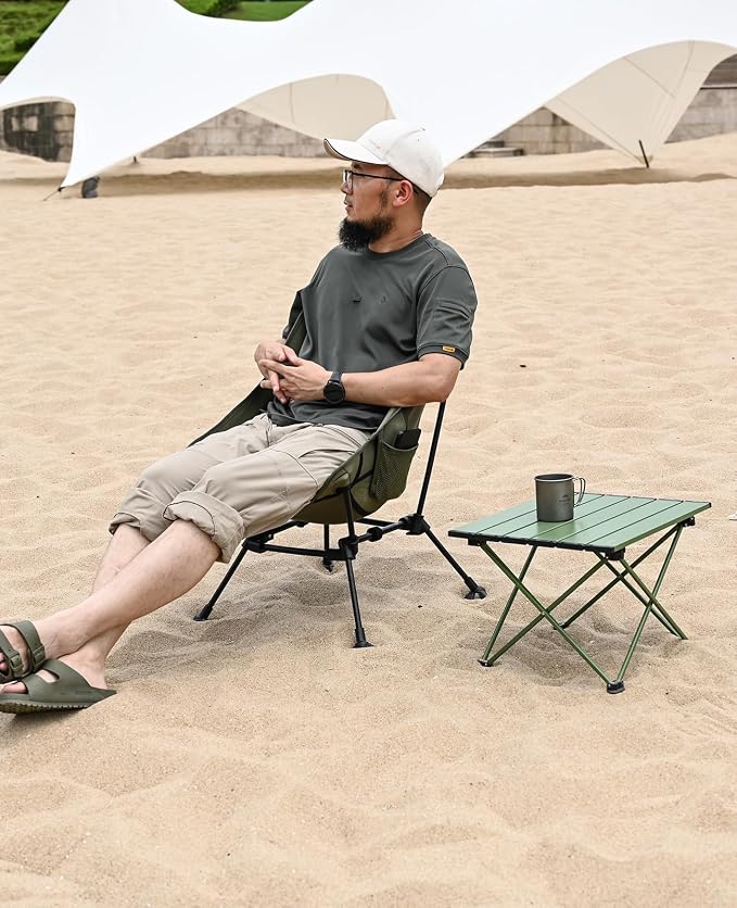 iClimb Ultralight Compact Camping Folding Beach Chair with Anti-Sinking Large Feet and Back Support Webbing (Green- Square Frame)