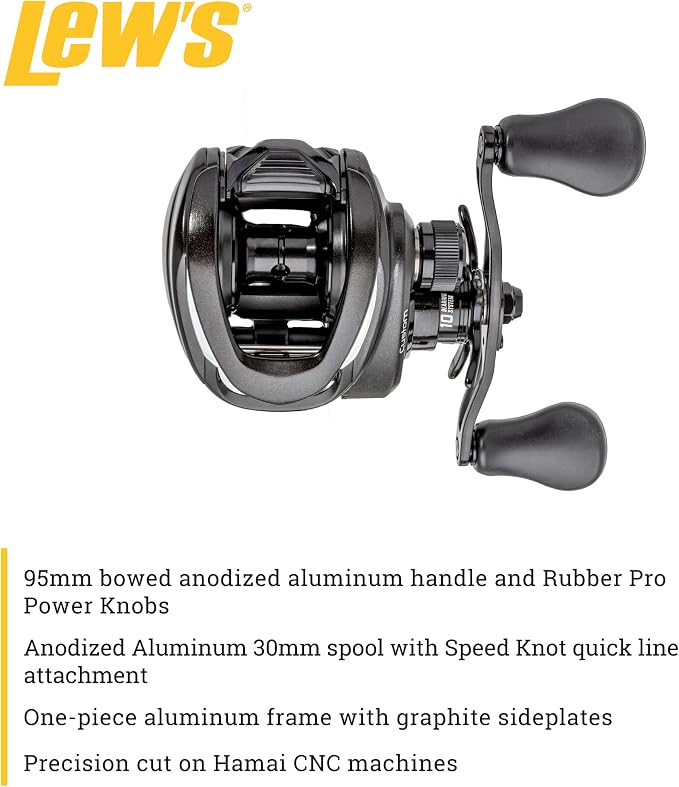 Lew’s Custom Baitcast Fishing Reel, 9+1 Bearings, Aluminum Frame and Sideplates, ParaMag RX Brake, Carbon Fiber Drag, Speed Gears, Black/Silver