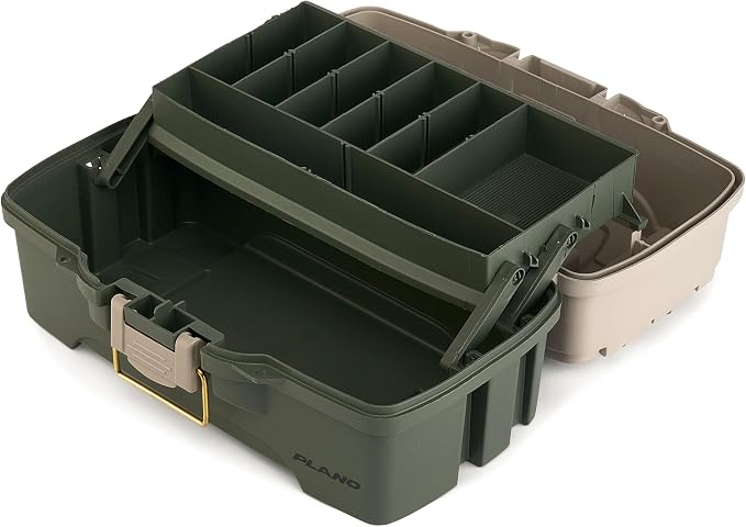 Plano One-Tray Tackle Box, Green/Tan, Rust-Proof Brass Latch, Top-Access Tray with Deep Storage, Made in the USA, Portable Fishing Gear Storage Organizer