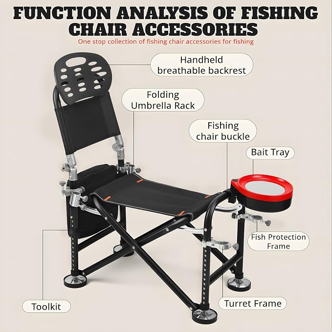 Fishing Chair with 2 Rod Holders, Heavy Duty Folding Camping Chair for Adults, 300lbs Capacity Portable Outdoor Chair with Adjustable Backrest, Durable Iron Frame and Oxford Cloth (Black)