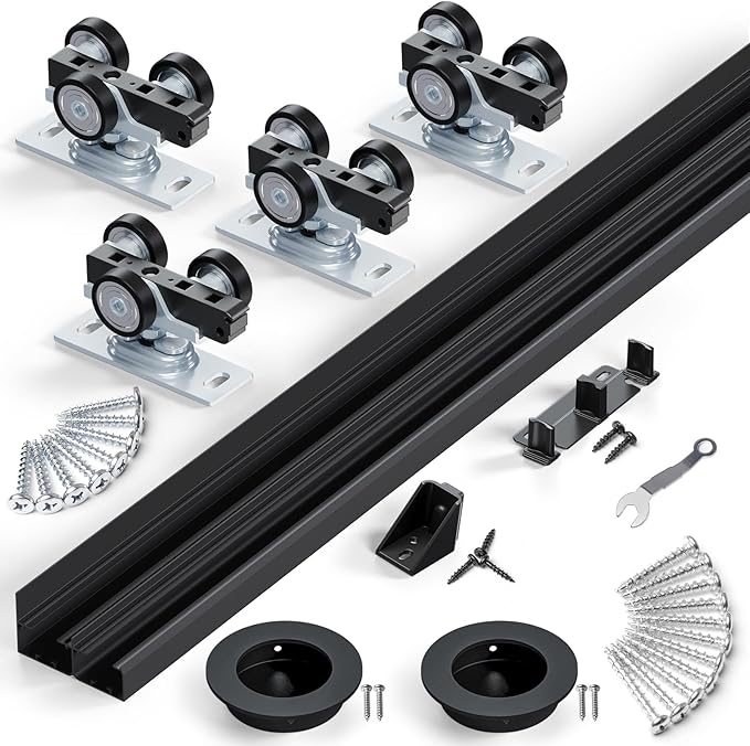 SMARTSTANDARD 96"/8FT Ceiling Mount Bypass Sliding Door Hardware Kit for Cabinet Closet, Double Pocket Doors Hardware with Finger Pull, Smoothly and Quietly, Fit 45.5" Wide Door Panel, No Door, Black