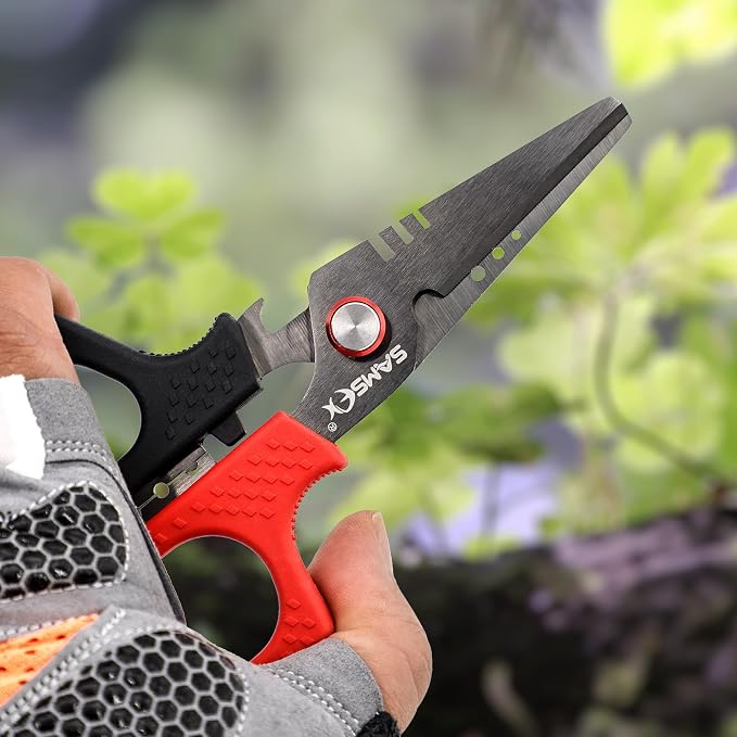 SAMSFX 6.5" Pro Fishing Shears Dual Serrated Blades, Fishing Braided Line Scissors with Titanium Coating, Non-Slip Grip & Multifunction Tool, Includes Hard Molded Locking Sheath & Coiled Lanyard