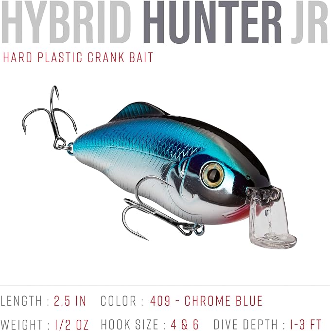 Strike King Hybrid Hunter Shallow Jr. Fishing Lure, Shallow Diving Crankbait, 90-Degree Bill, 3D Eyes, Loud Rattle, Dives 1 to 3-Feet,Size 4 & 6 Treble Hooks