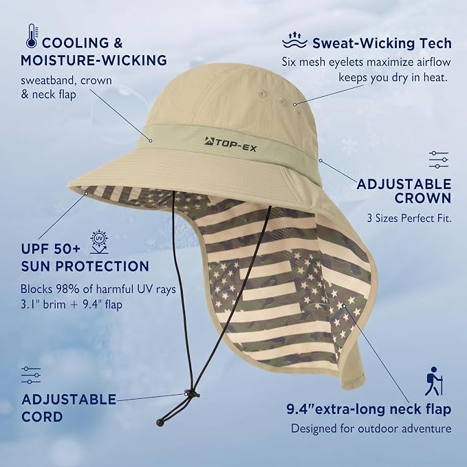 TOP-EX Cooling Sun Hat with Neck Flap – UPF 50+ Wide Brim Breathable Hat for Hiking, Fishing & Big Heads