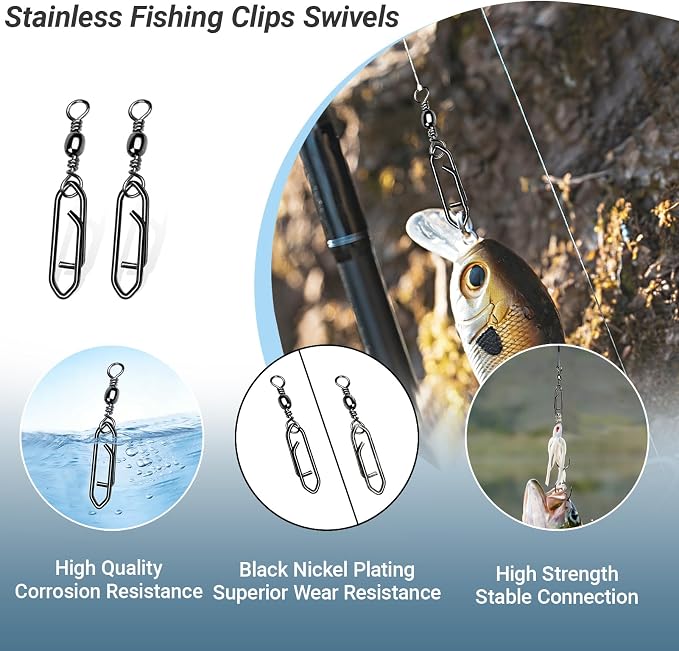 AMYSPORTS Heavy Strength Fishing Snap Stainless Saltwater Freshwater Fishing Swivel Clip Rolling Barrel Fishing Clips Swivels Speed Change Black Nickel