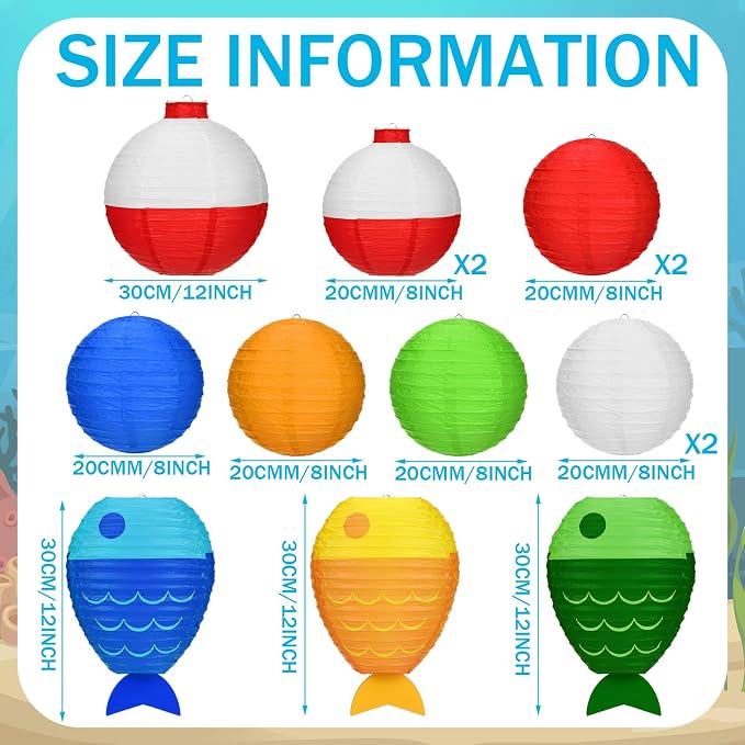 Bencailor 13 Pcs Fishing Hanging Paper Lanterns Fishing Birthday Decorations Fish Shaped Lanterns Bobber Round Paper Lanterns for Fishermen Theme Pool Party Decoration Supplies, 12 Inches, 8 Inches
