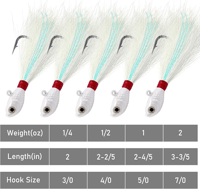 Alwonder 5-Pack Bucktail Jigs Hair Jigs Saltwater Freshwater Fishing Bucktail Lures Surf Fishing Jig Heads White Luminous Chartreuse Swimbait Jig for Bass Flounder Striper Bluefish Halibut Redfish
