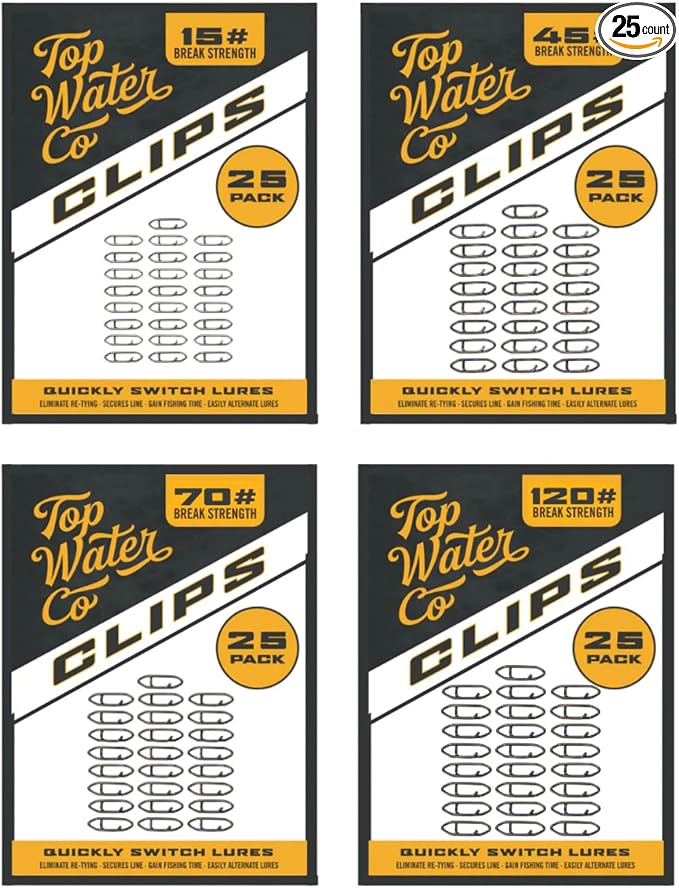 Top Water Co. Speed Clips Super Sample Pack – Fast Lure Change Fishing Snap Clips – Mini 15lb, Small 45lb, Medium 70lb & Large 120lb Stainless Steel Quick Rig Terminal Tackle