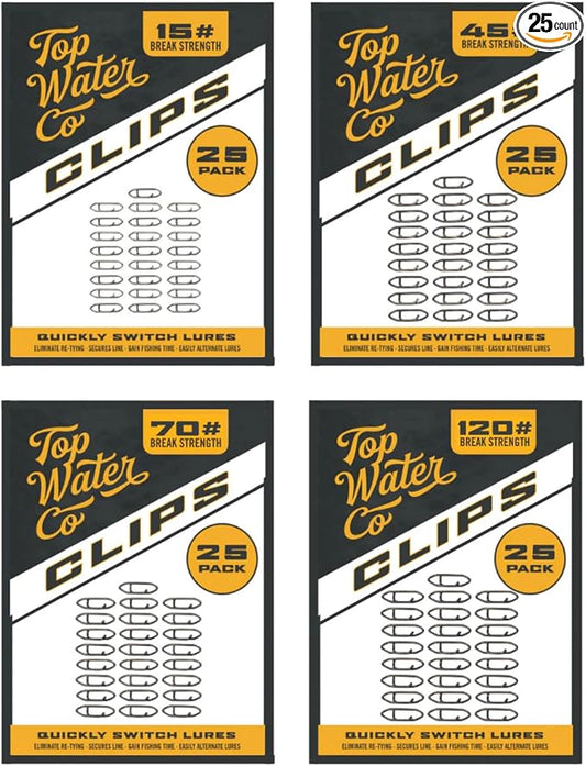 Top Water Co. Speed Clips Super Sample Pack – Fast Lure Change Fishing Snap Clips – Mini 15lb, Small 45lb, Medium 70lb & Large 120lb Stainless Steel Quick Rig Terminal Tackle