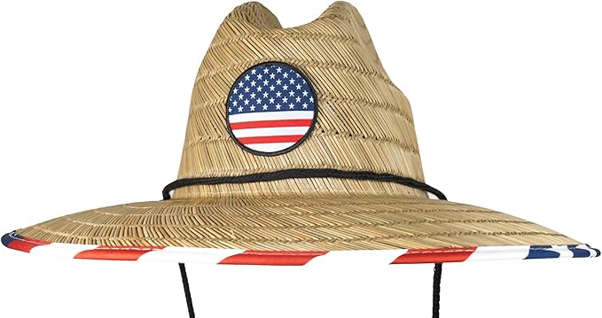 grinderPUNCH Lifeguard Hat Mens Straw Sun Hat for Outdoor American Flag USA Patriotic Straw Beach Fishing Straw Hat for Men
