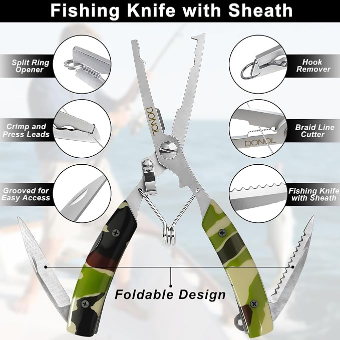 DONQL 6in Fishing Pliers Tools Kit, Fishing Pliers Hook Remover, Fishing Scissors Line Cutter, Saltwater Resistant Fishing Gear with Lanyard, Multifunctional Fishing Hook Remover Gifts