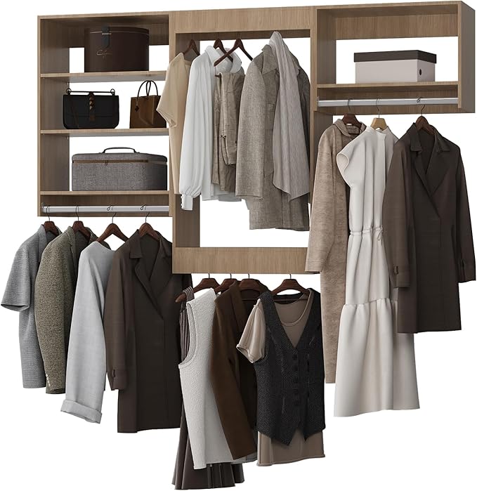 ROOMTEC Modular Closet System, 78" Closet Organizer with Hanging Rods, Wall-Mounted Wooden Tower for Walk-In Closets, Wardrobe Storage Kit, Wood