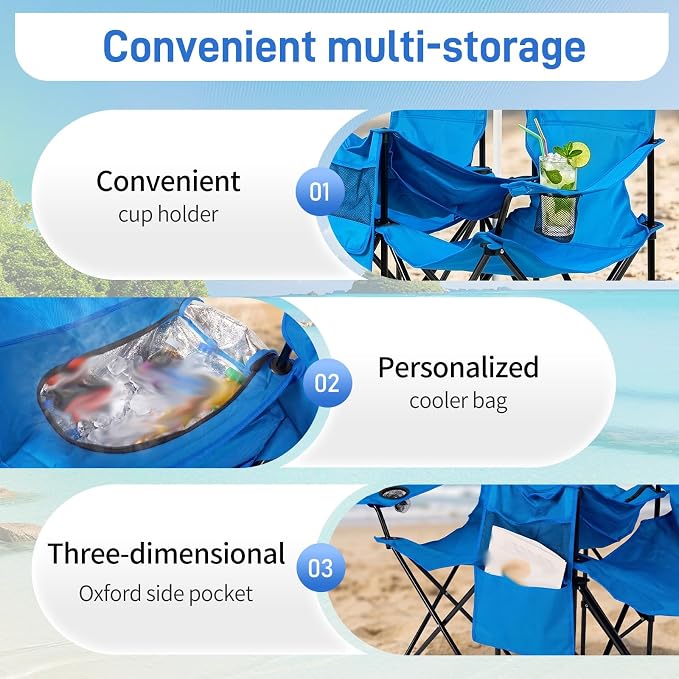 Heavy Duty Double Folding Camping Chair with Removable Adjustable Umbrella, 2 Person XL Beach Chair with Built-in Cooler Bag, Cup Holders & Side Pocket, Portable 529lbs Capacity, Blue