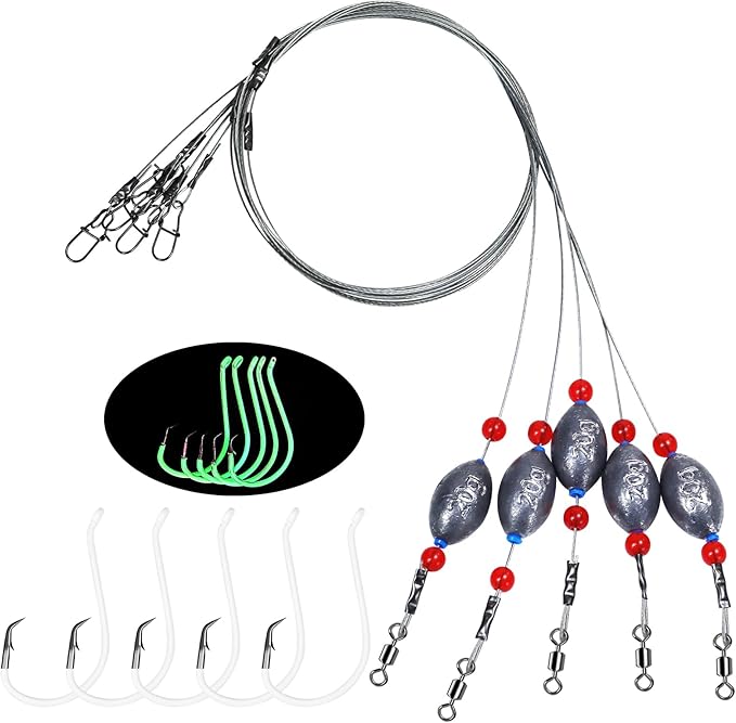 Fishing Egg Sinker with Soft Plastic Core Weight Rigs 5pcs Flounder Rig Saltwater,176.37lb Fishing Wire Leader with Egg Sinker Swivels Snap, Grouper Bottom Fishing Rigs