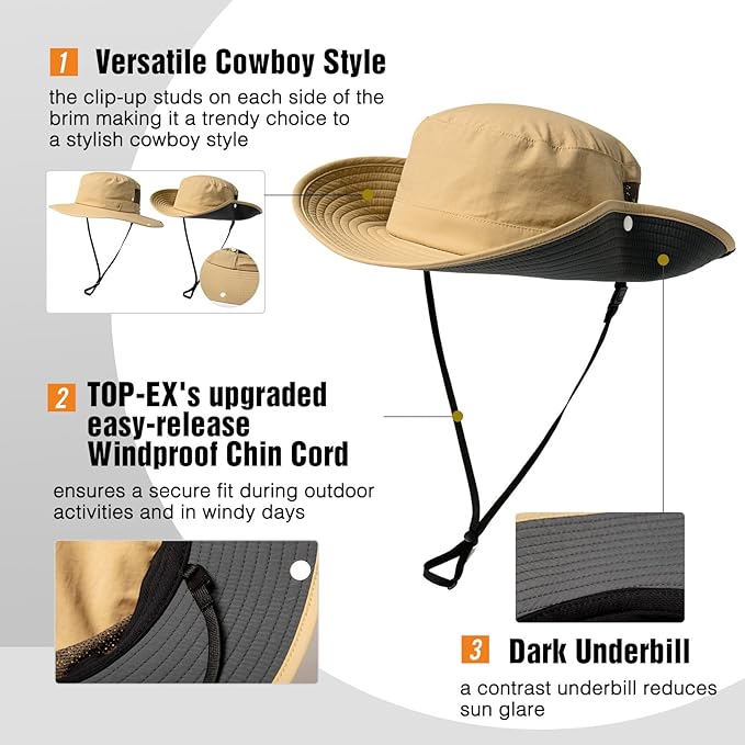 TOP-EX Men's Wide Brim Sun Hat UPF 50+ Waterproof, Packable Breathable Mesh Boonie Bucket Cap for Hiking Fishing Safari