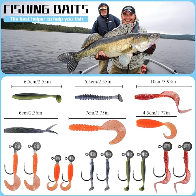 Soft Fishing Lures Set with Tackle Box, 6.5cm/8cm Paddle Tail Swimbaits, 60PCS Soft Plastic Baits with Curly Tails, Freshwater Fishing Lures for Bass, Trout, and More