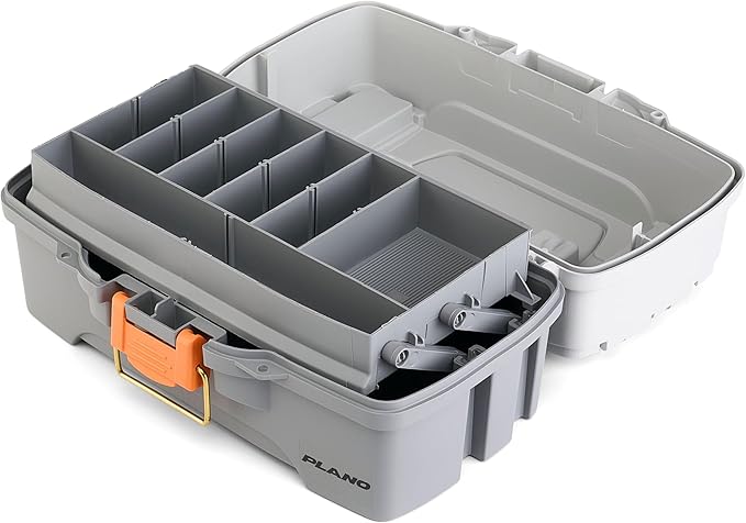 Plano One-Tray Tackle Box, Light Grey/Dark Grey, Rust-Proof Brass Latch, Top-Access Tray with Deep Storage, Made in the USA, Portable Fishing Gear Storage Organizer
